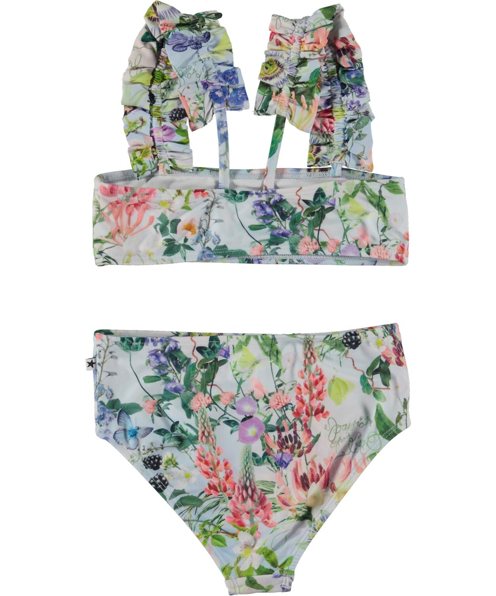 Nice - Passion For Life - Lyseblå bikini med blomster print og flæse stropper