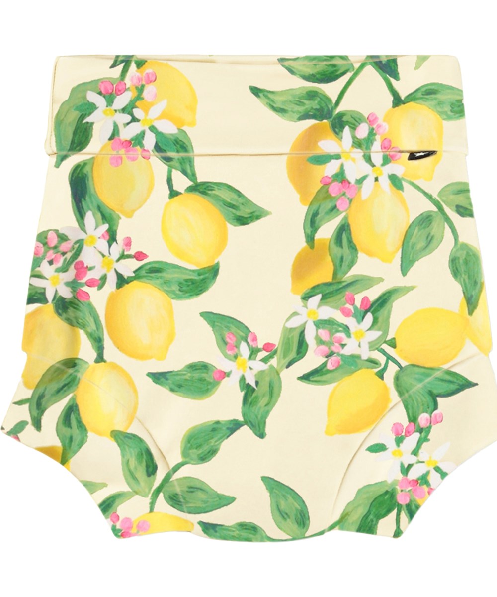 Nick - Citrus - Lækagefri, gule baby badebukser med citrusprint i genanvendt polyester med UV-beskyttelse 50+.