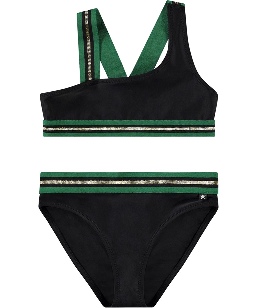 Nicola - Black - Asymmetrisk sporty bikini til aktive børn fremstillet i genanvendt polyester med UV-beskyttelse 50+