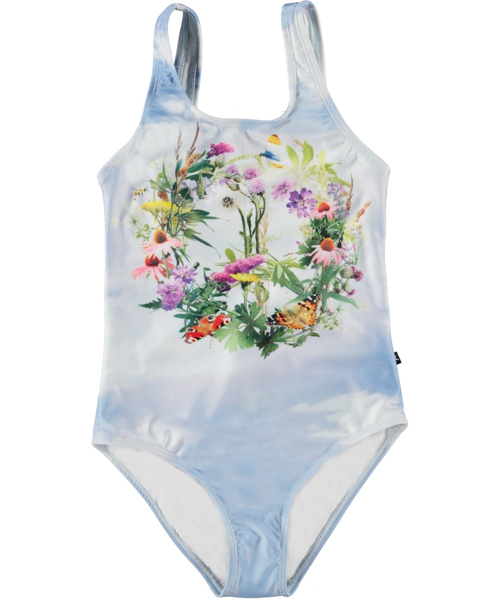 Nika - Flower Peace - Blå badedragt med placement blomster himmel peace print