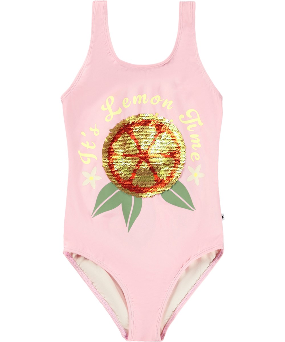 Nika - Happy Lemon - Lyserød badedragt pailletdetalje til børn i genanvendt polyester med UV-beskyttelse 50+.