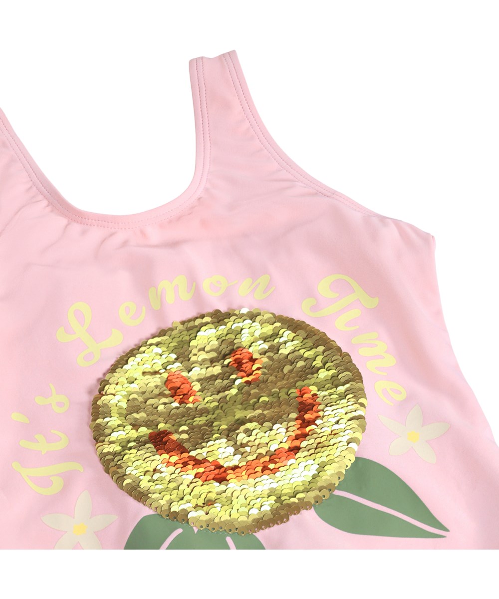 Nika - Happy Lemon - Lyserød badedragt pailletdetalje til børn i genanvendt polyester med UV-beskyttelse 50+.