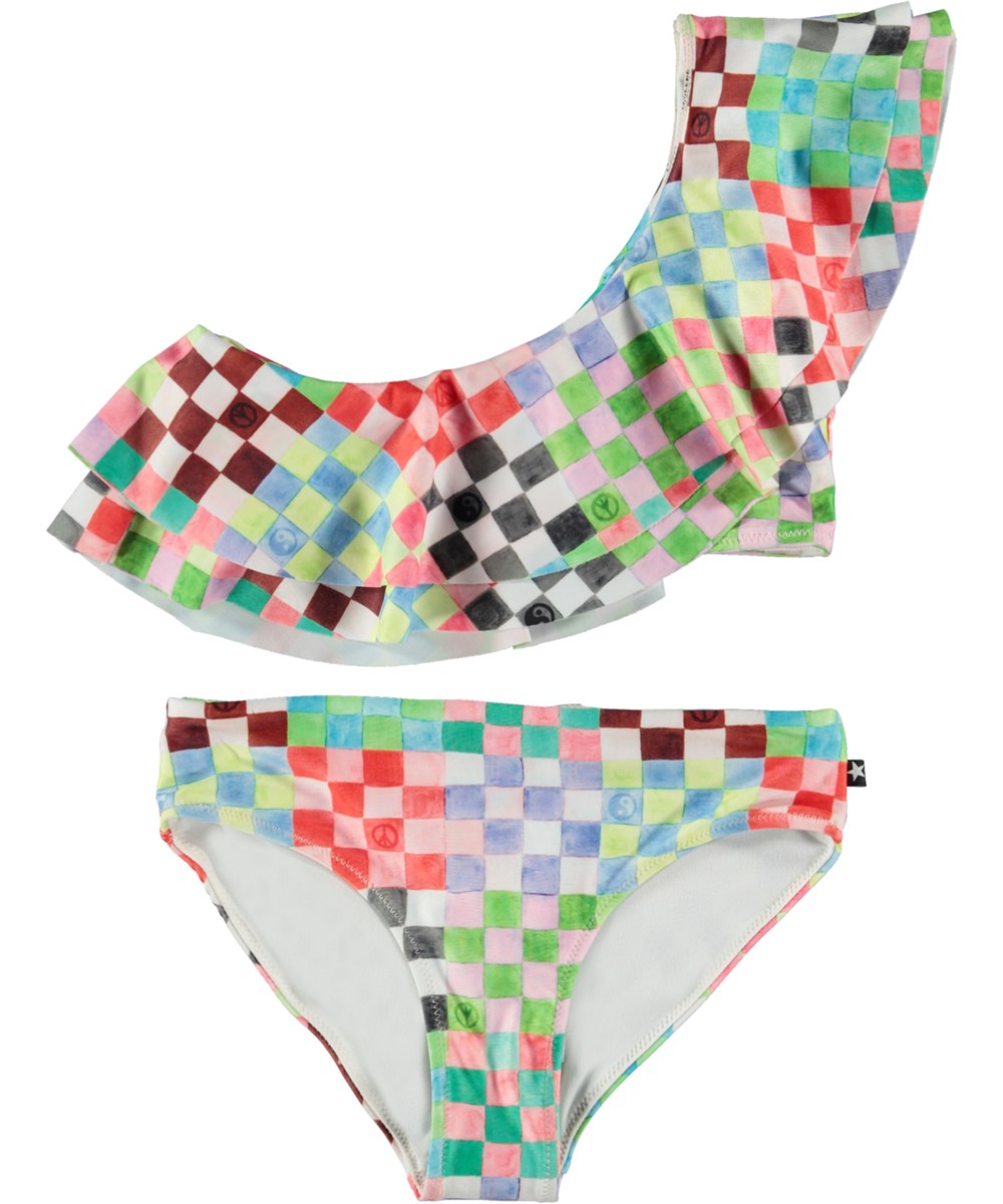 Nikkie - Check Petit - Lyseblå asymmetrisk bikini med flæser og farverigt, ternet print