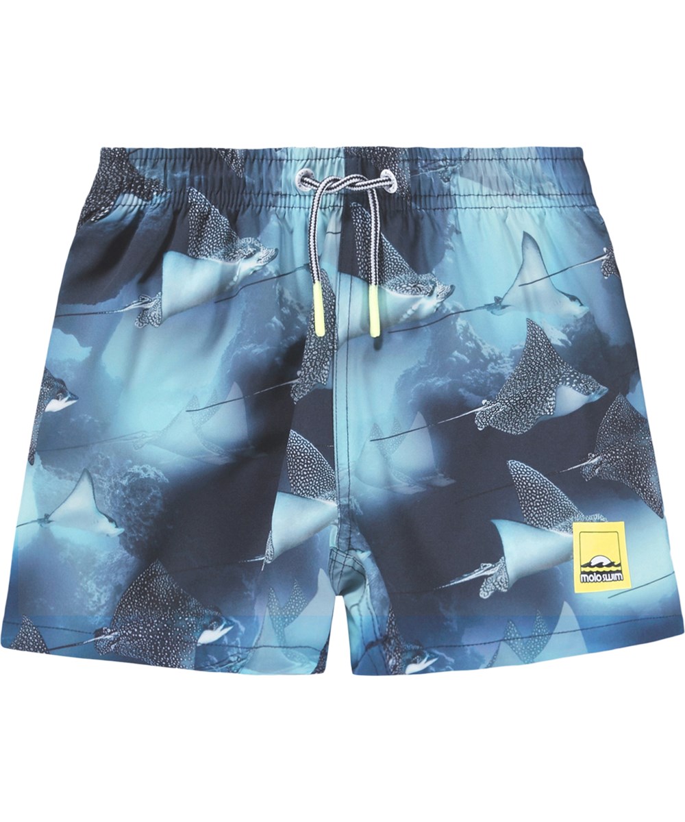 Niko - Into The Blue - Sporty, blå badeshorts med underhavsprint til aktive børn i genanvendt polyester med UV-beskyttelse 50+.