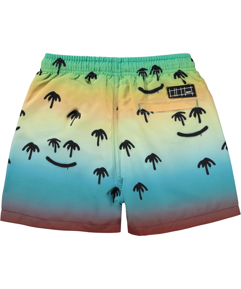 Niko - Palm Spray - Gule og blå badeshorts med korte ben og allover spray palme print