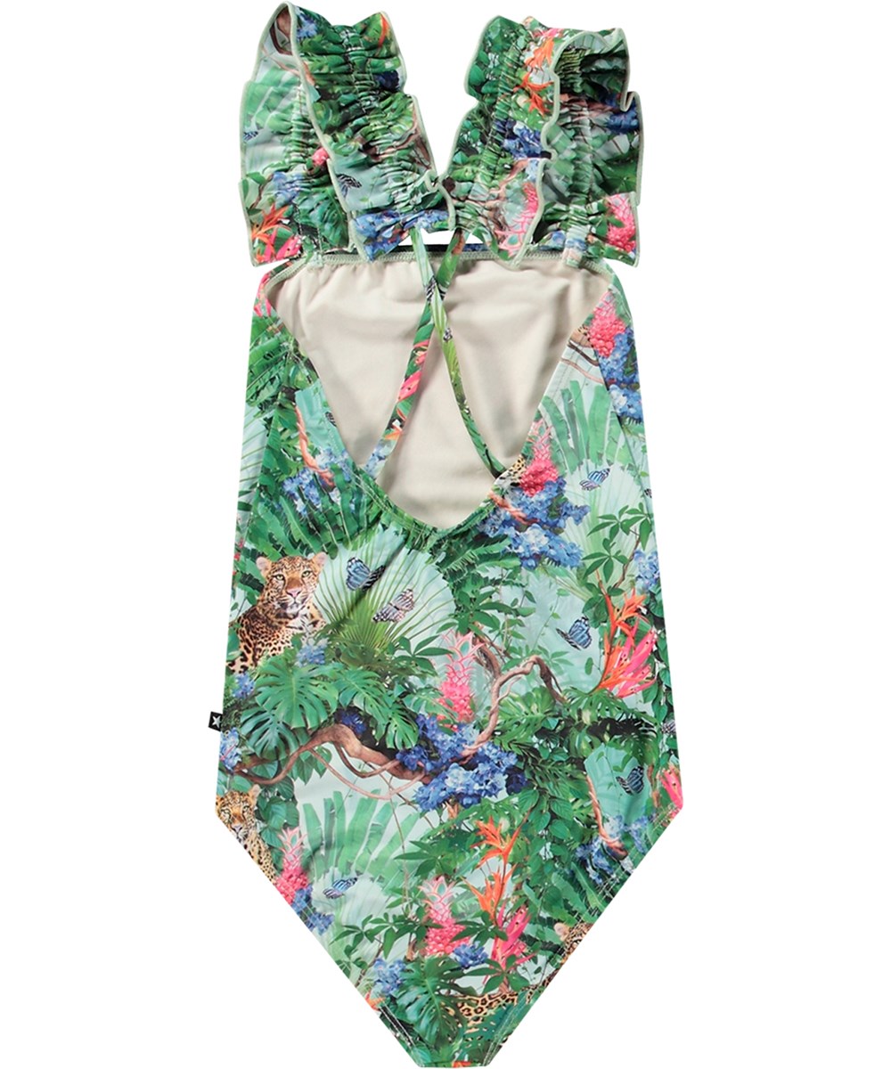 Nitika - Green Tropical - Grøn badedragt til aktive børn i genanvendt polyester med UV-beskyttelse 50+.