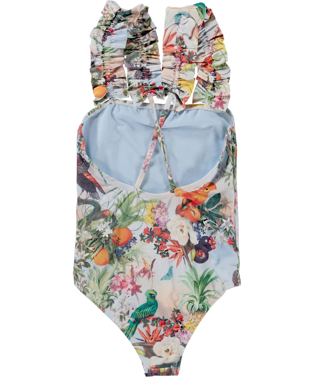 Nitika - Tropical Art - badedragt i lyseblå med print af tropiske fugle, blomster 