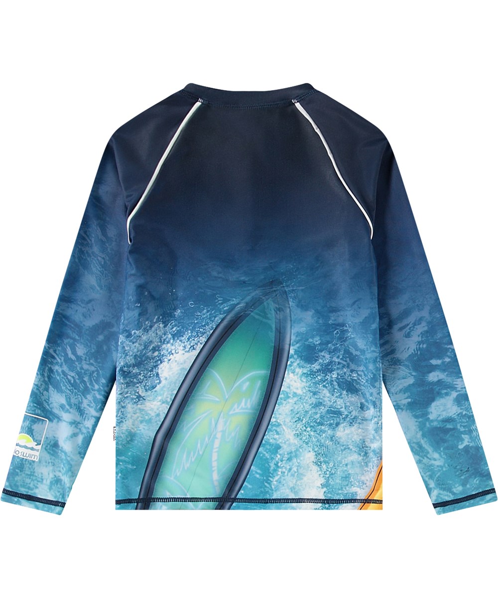 Noble - Surf Art Blue Chill - Blå badebluse med lynlås til aktive børn fremstillet i genanvendt polyester med UV-beskyttelse 50+.