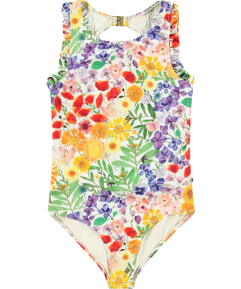 Noona - Flowerpress - Hvid badedragt til aktive børn i genanvendt polyester med UV-beskyttelse 50+.