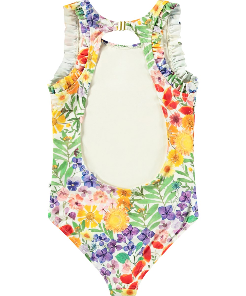 Noona - Flowerpress - Hvid badedragt til aktive børn i genanvendt polyester med UV-beskyttelse 50+.
