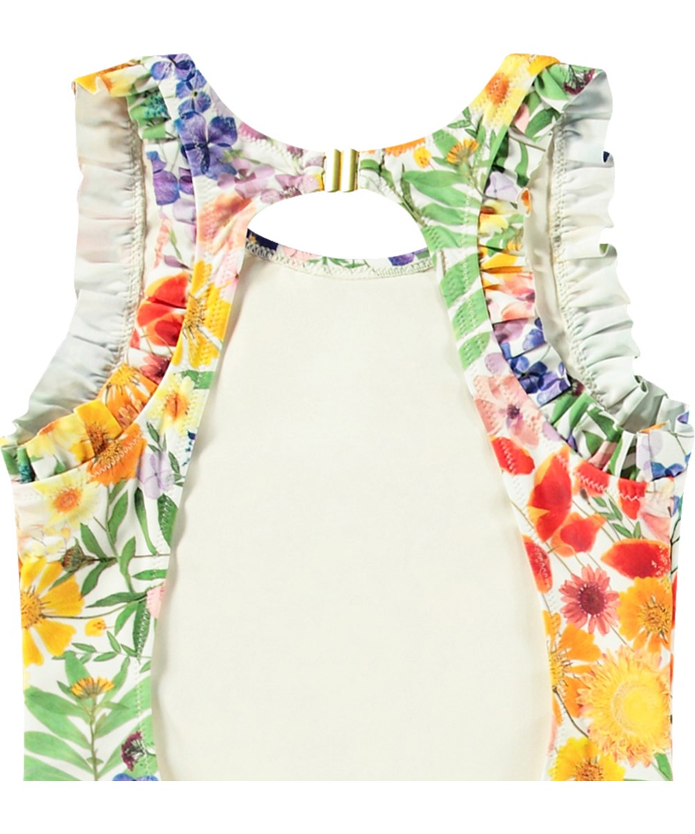 Noona - Flowerpress - Hvid badedragt til aktive børn i genanvendt polyester med UV-beskyttelse 50+.