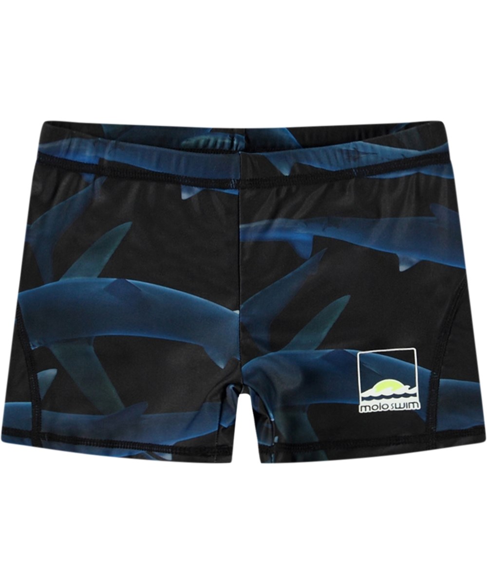 Norton - Midnight Sharks - Sorte sporty badeshorts til aktive børn i genanvendt polyester med UV-beskyttelse 50+.