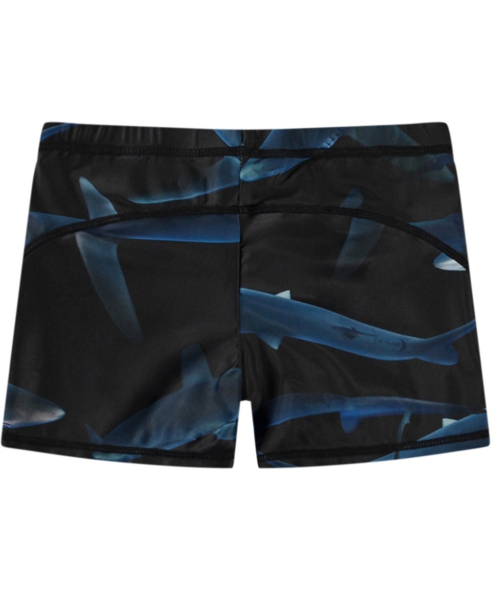 Norton - Midnight Sharks - Sorte sporty badeshorts til aktive børn i genanvendt polyester med UV-beskyttelse 50+.