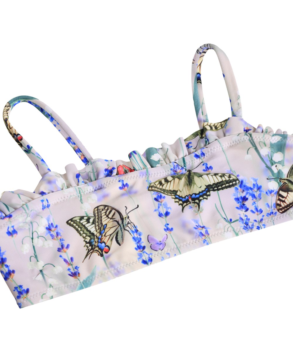 Naila - Lavender Field - Stretchig, lila fjärilsprintad bikini för barn i återvunnen polyester med UV-skydd 50+.