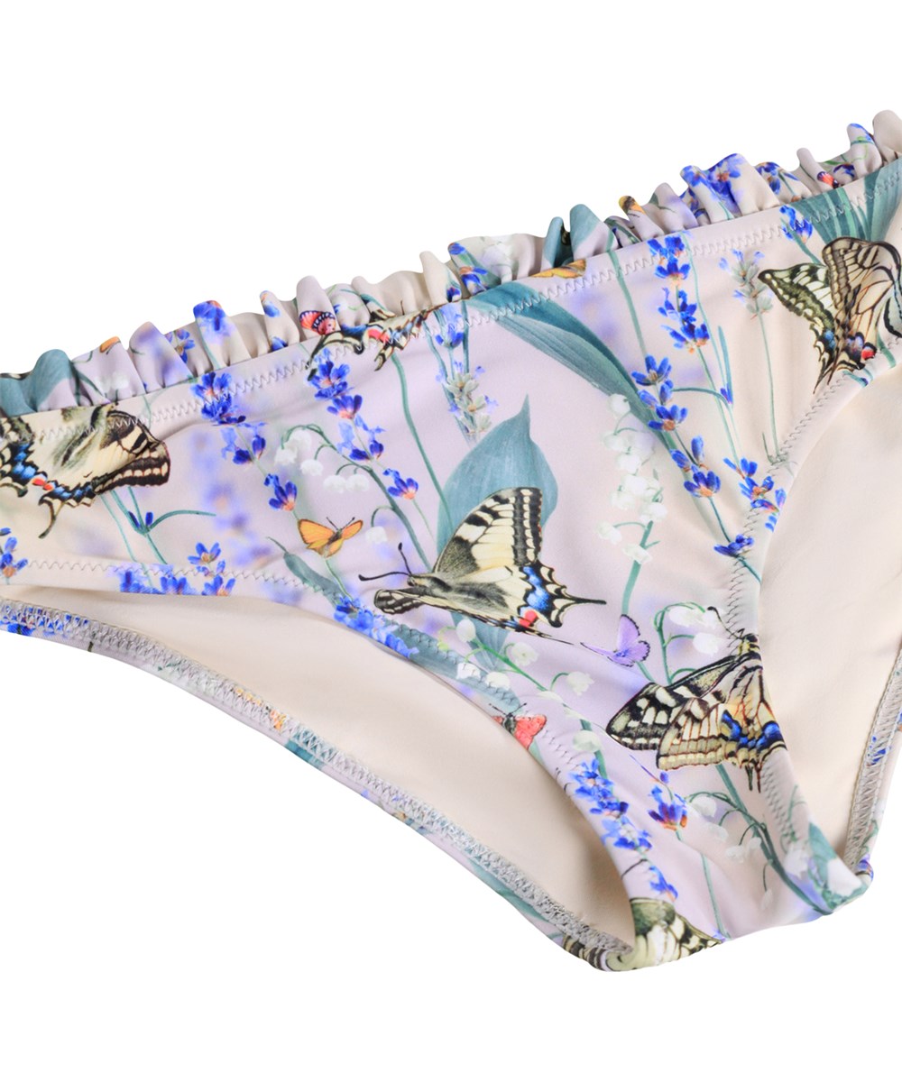 Naila - Lavender Field - Stretchig, lila fjärilsprintad bikini för barn i återvunnen polyester med UV-skydd 50+.