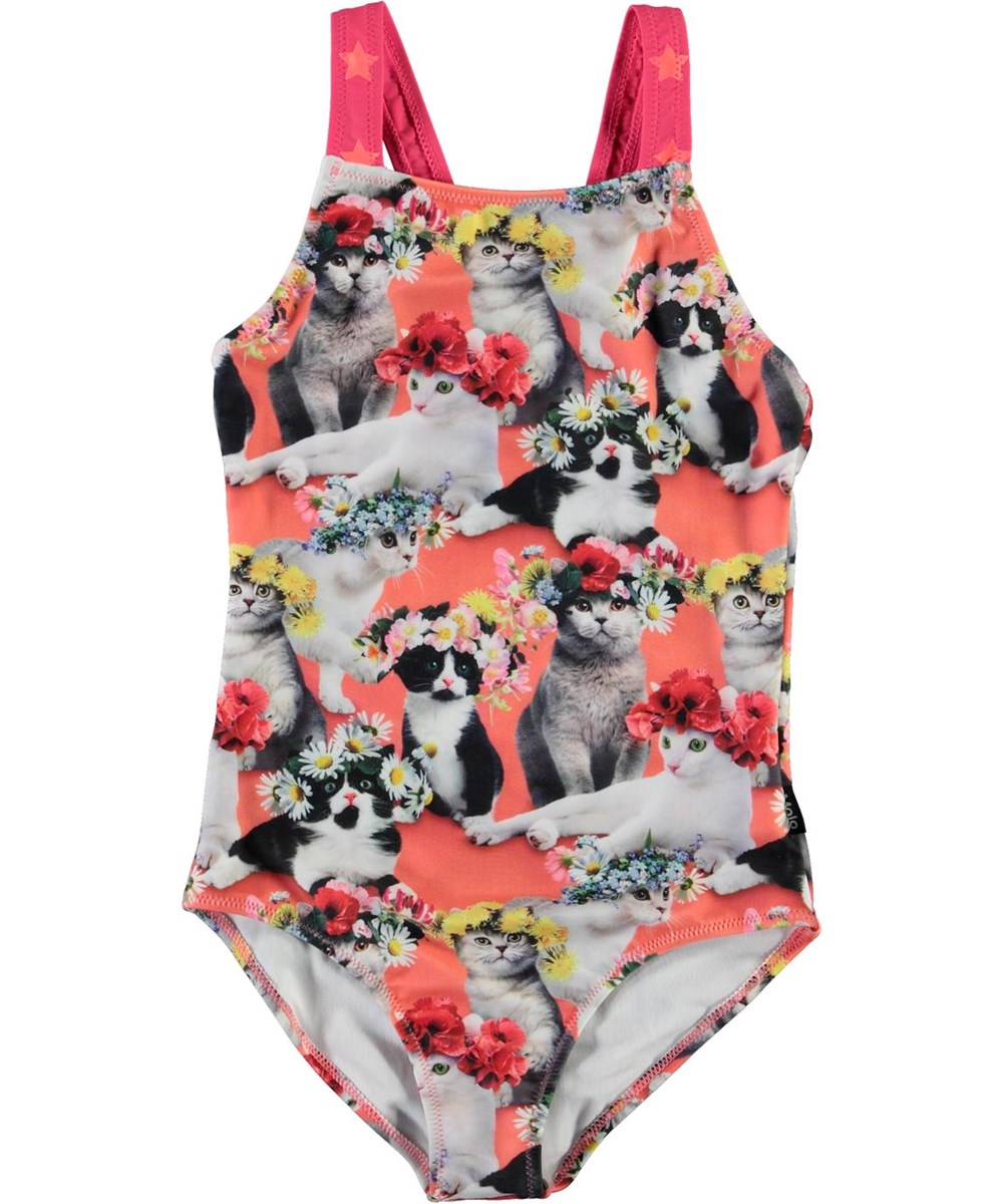 Nakia - Flower Power Cats - UV-baddräkt med katter och stjärnor