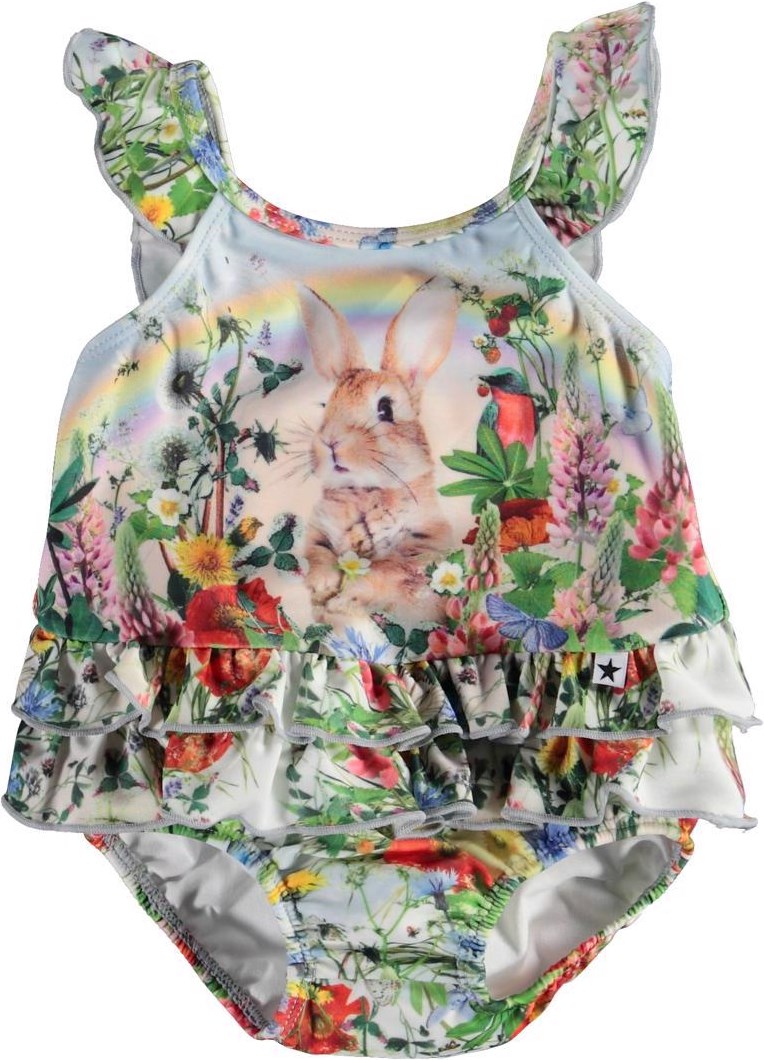 Nalani - Bunny Cuteness - UV babybaddräkt med ängblommor, kanin och volanger.