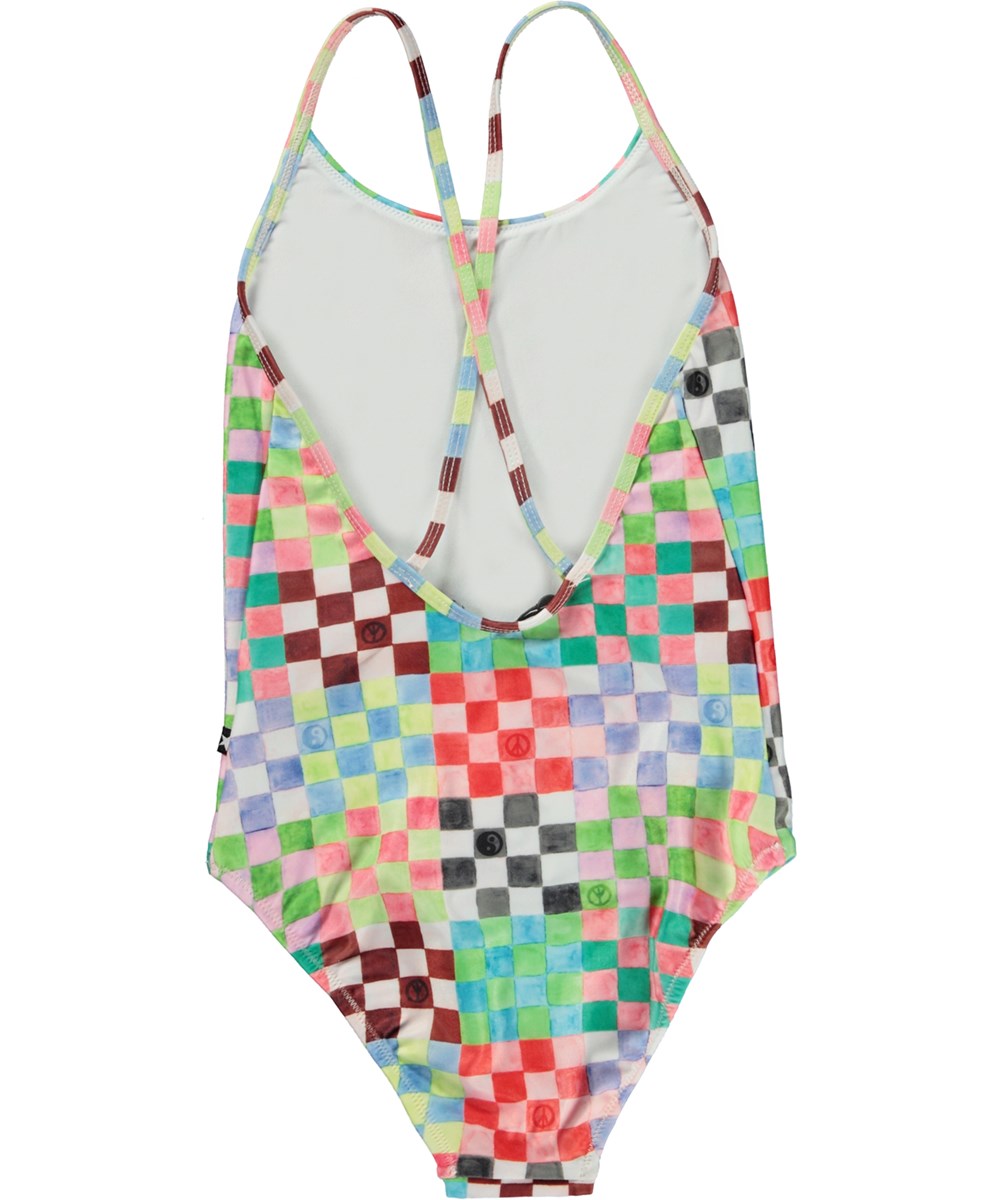 Nanna - Check Petit - Multifärgad sportig baddräkt med akvarellmönster.