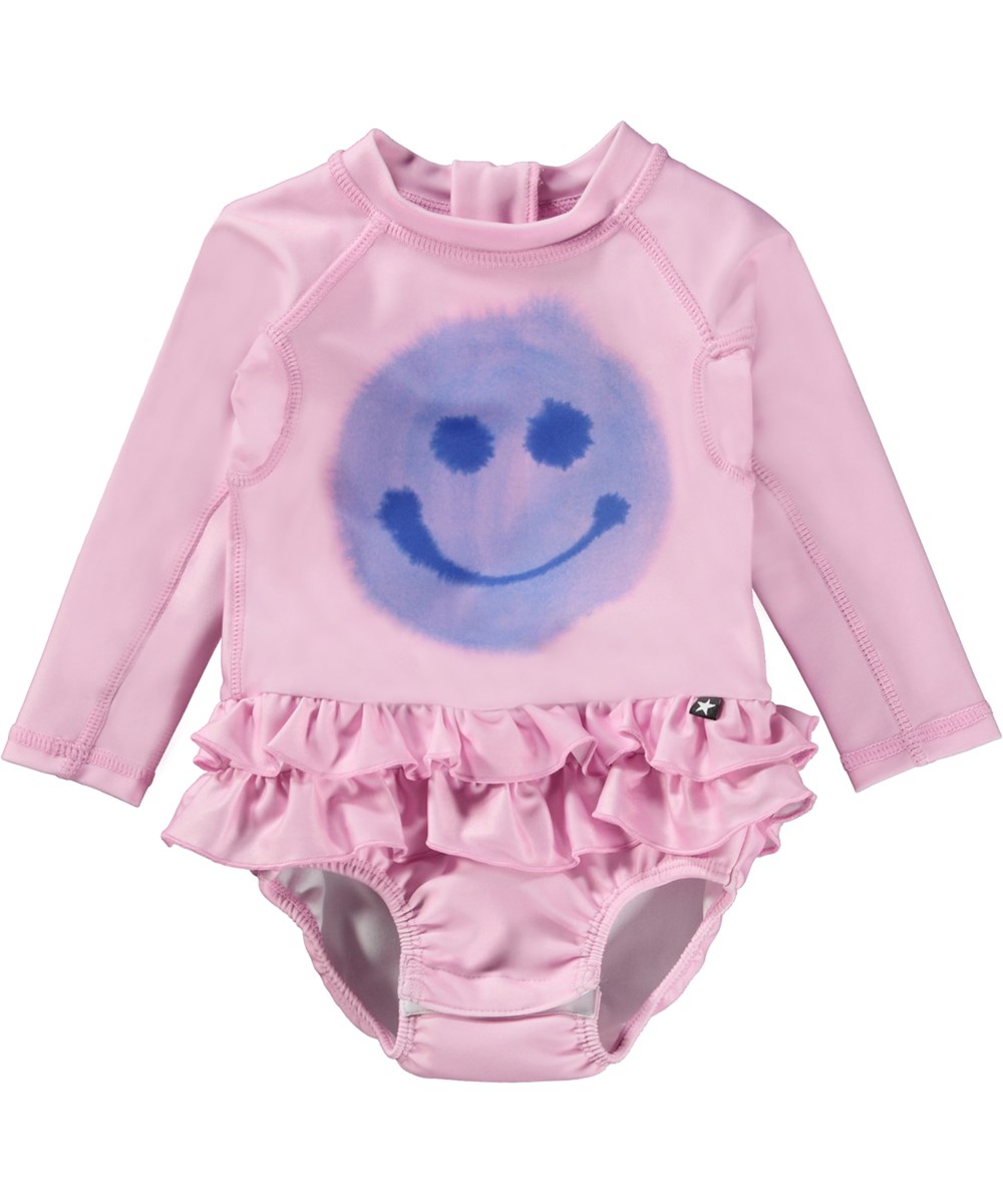 Narice - Lilac Smile - Rosa baby baddräkt med lila mönster.