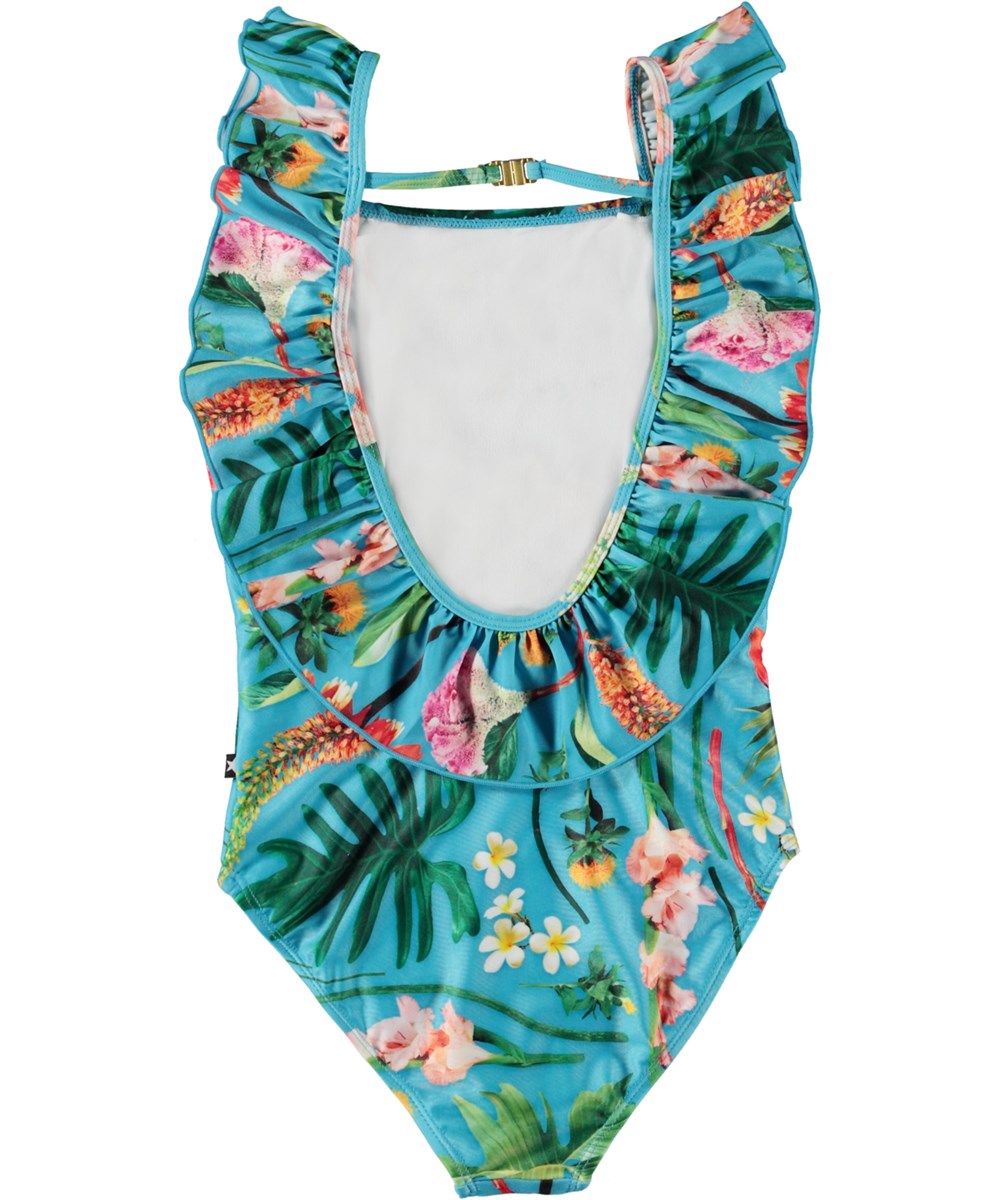 Nathalie - Flower Puzzle - Blå baddräkt med volanger och blommigt mönster. 