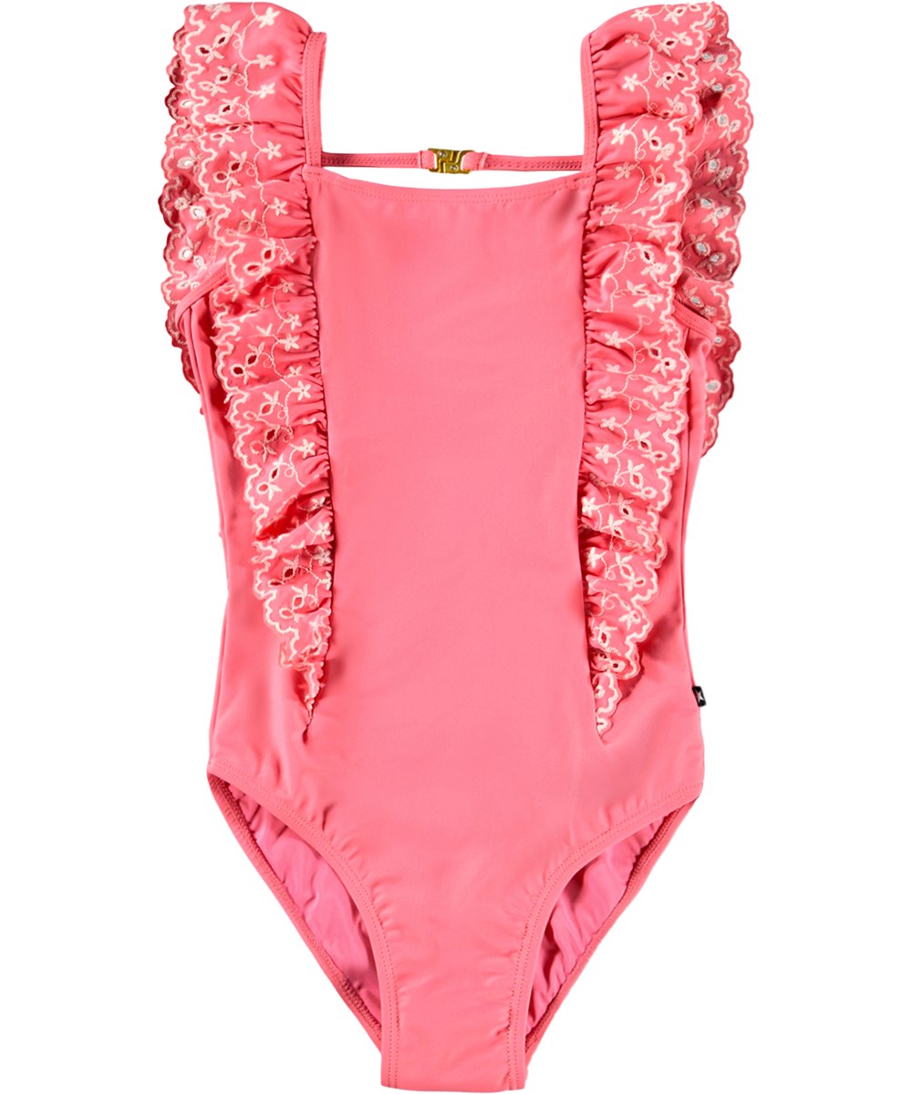 Nathalie - Raspberry Ice - Rosa baddräkt med volanger och broderidetaljer för barn i återvunnen polyester med UV-skydd 50+.