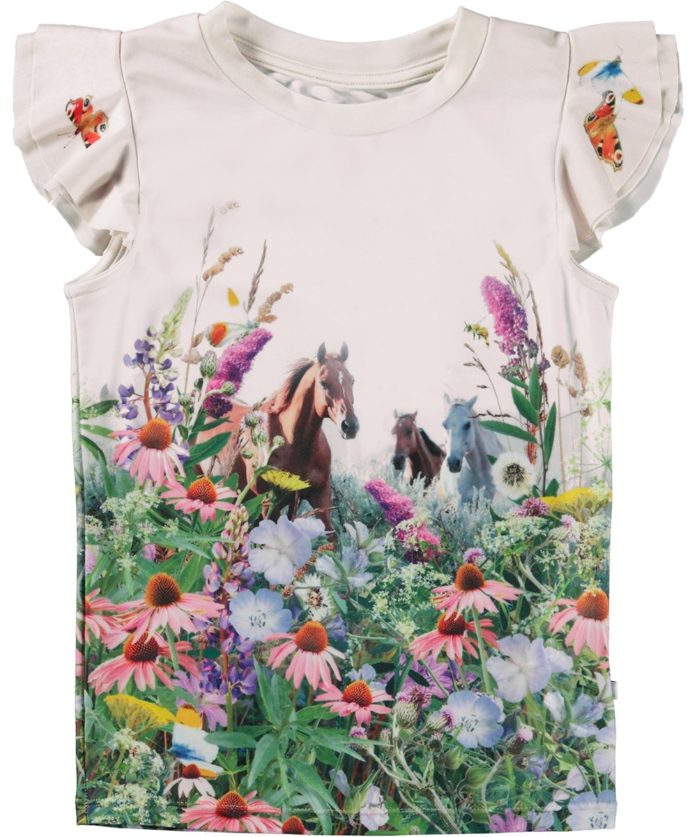 Neona - Wild Horses - Kortärmad badtröja med volanger och blommor och hästar. 