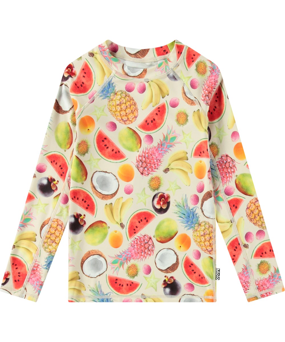 Neptune LS - Magical Fruits - Vit badtröja för aktiva barn tillverkad av återvunnen polyester med UV-skydd 50+.