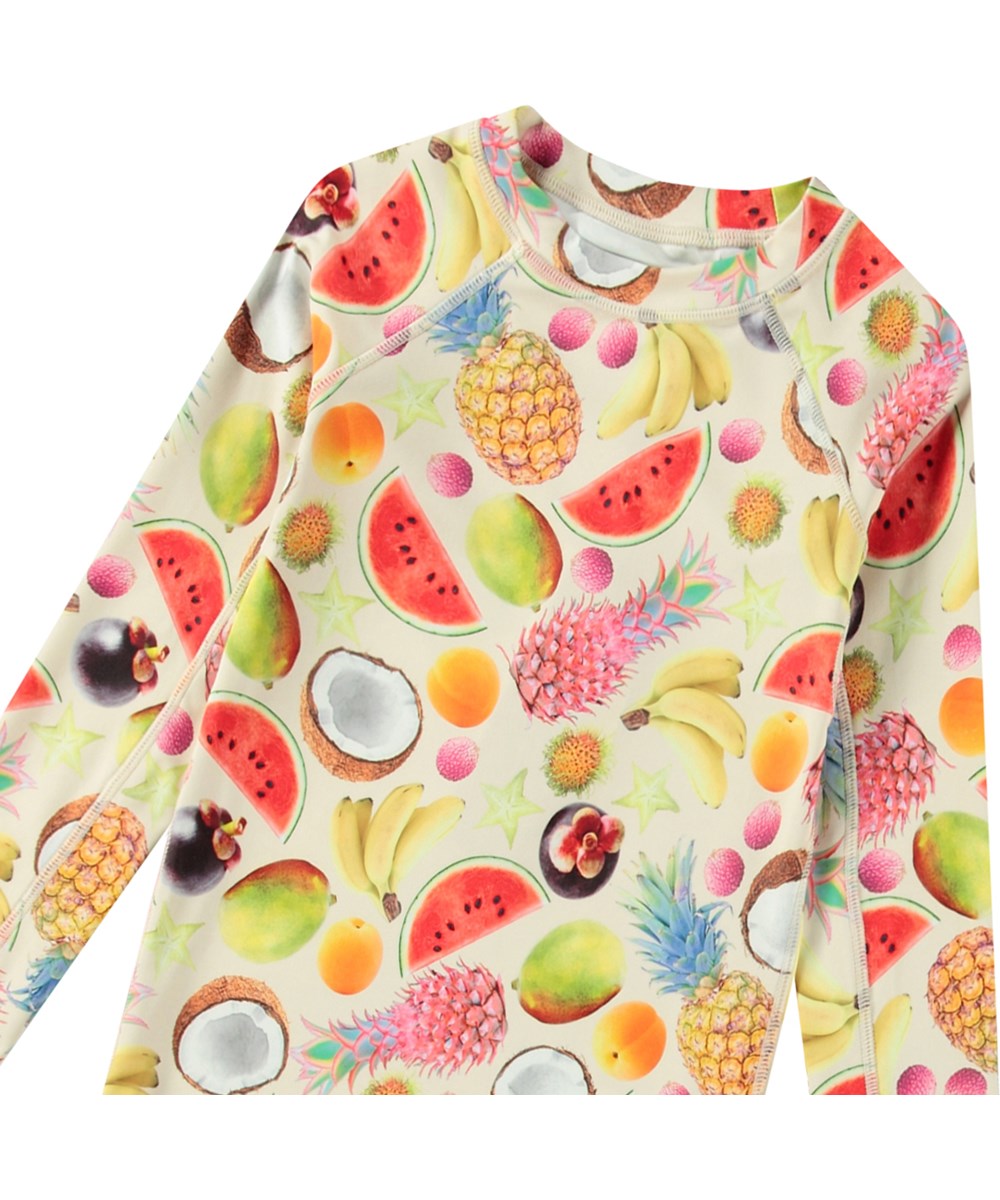 Neptune LS - Magical Fruits - Vit badtröja för aktiva barn tillverkad av återvunnen polyester med UV-skydd 50+.