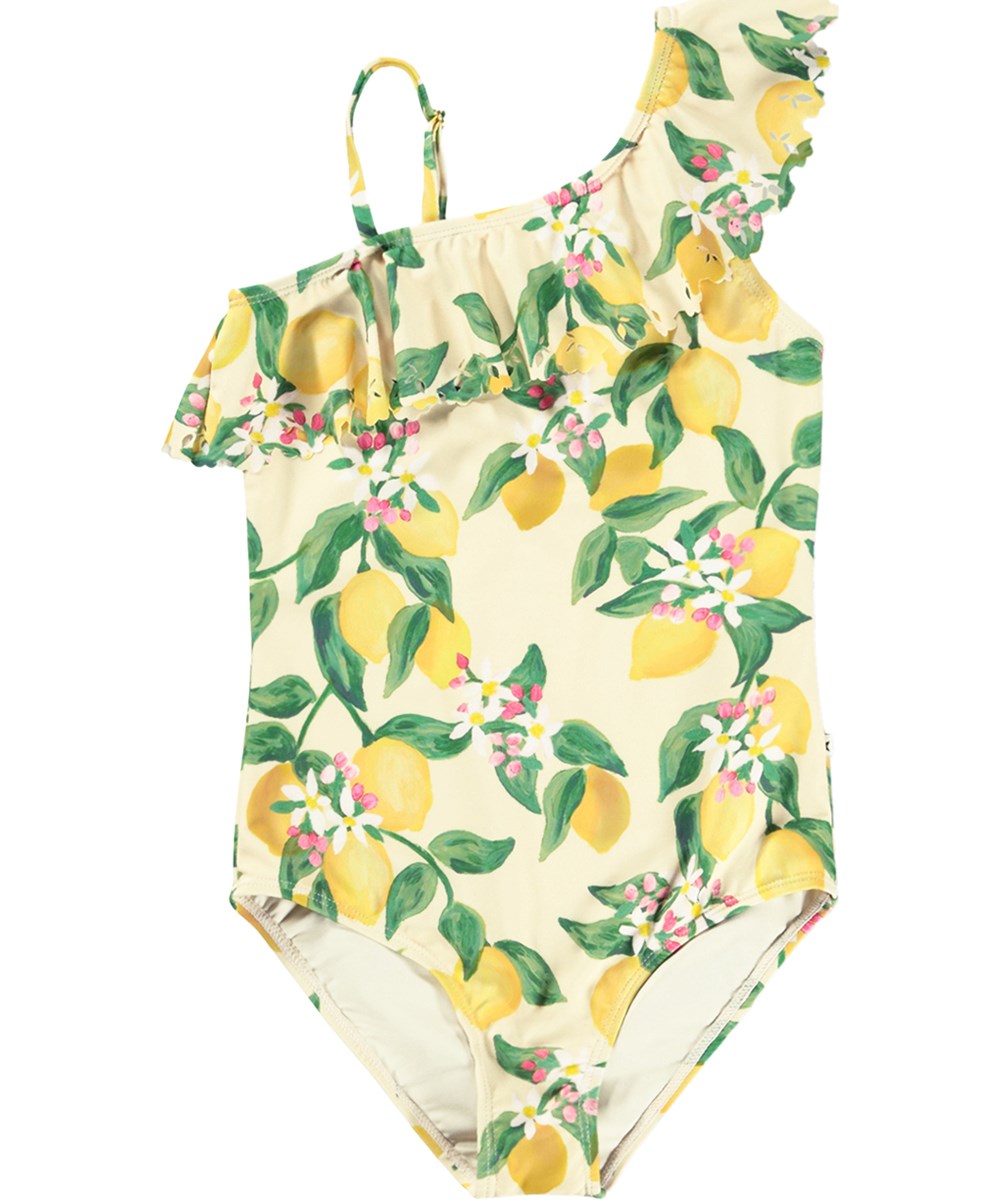 Net - Citrus - Gul baddräkt med citrusmönster för barn i återvunnen polyester med UV-skydd 50+.