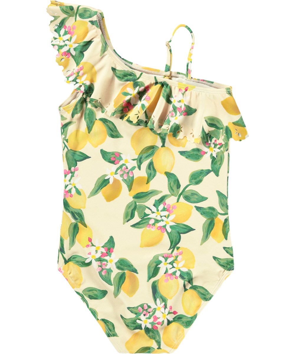 Net - Citrus - Gul baddräkt med citrusmönster för barn i återvunnen polyester med UV-skydd 50+.
