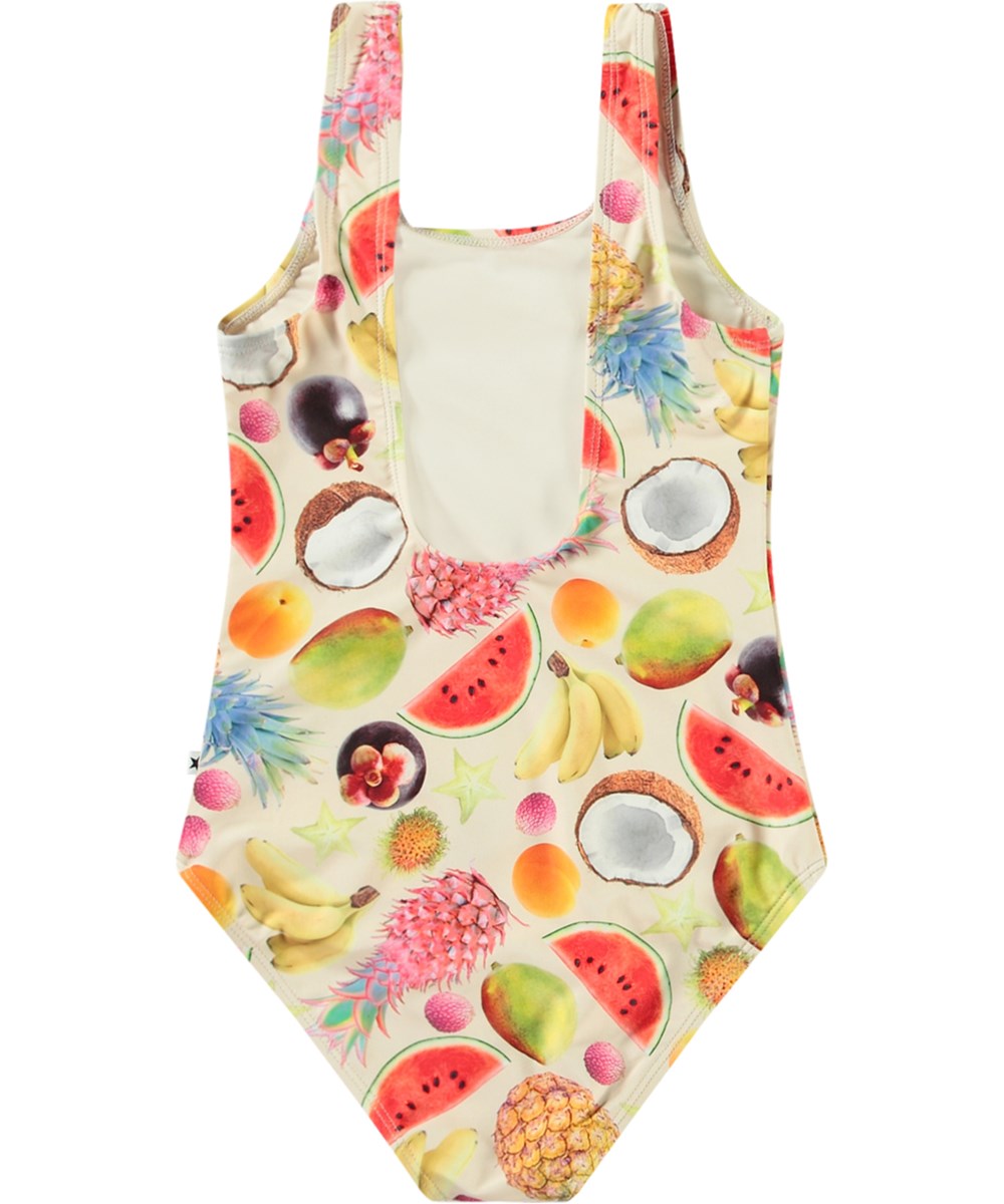 Nika - Magical Fruits - Badkläder med tryck för aktiva barn i återvunnen polyester med UV-skydd 50+.