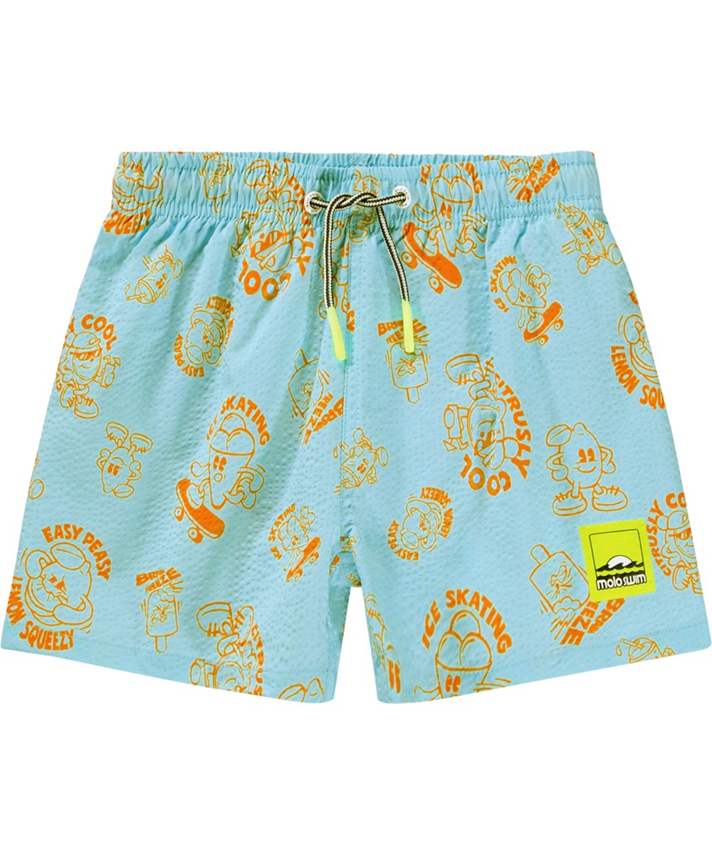 Niko - Brain Freeze - Sportiga, blå badbyxor med orange och tecknat mönster för aktiva barn i återvunnen polyester med UV-skydd 50+.