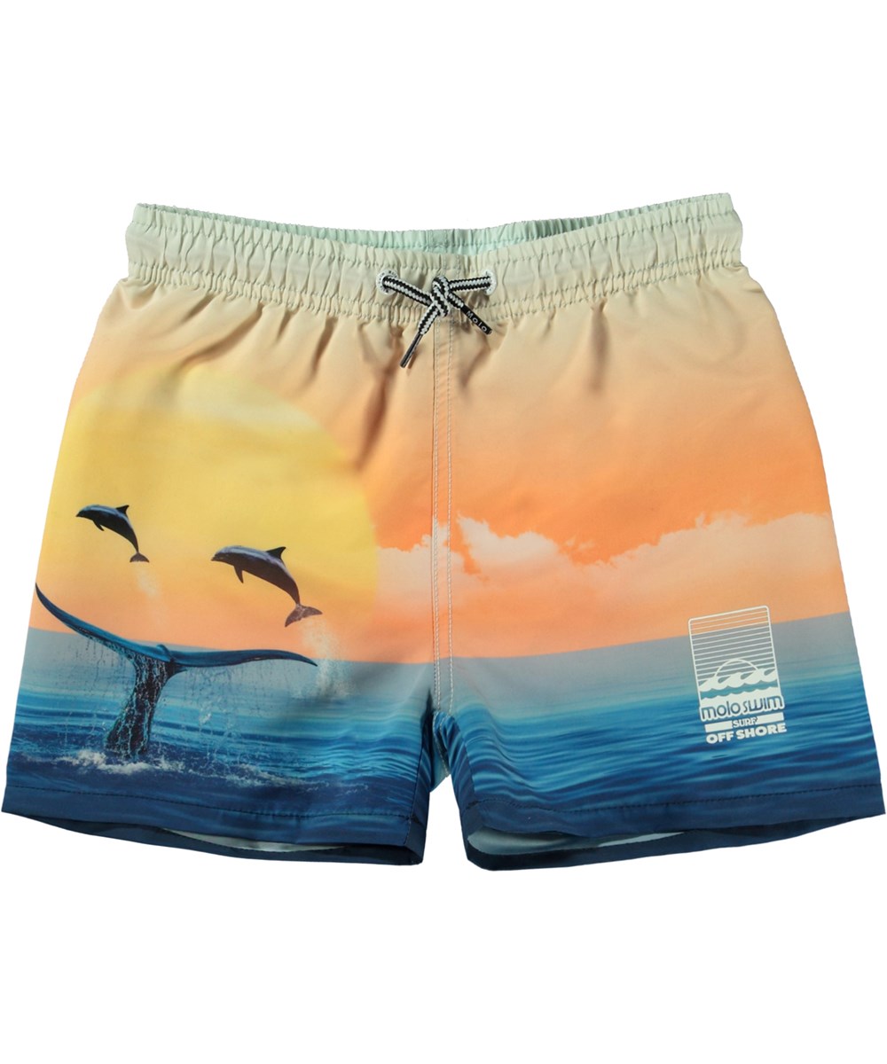 Niko - Ocean Smile - Orange och blå badshorts med korta ben och havsmönster. 