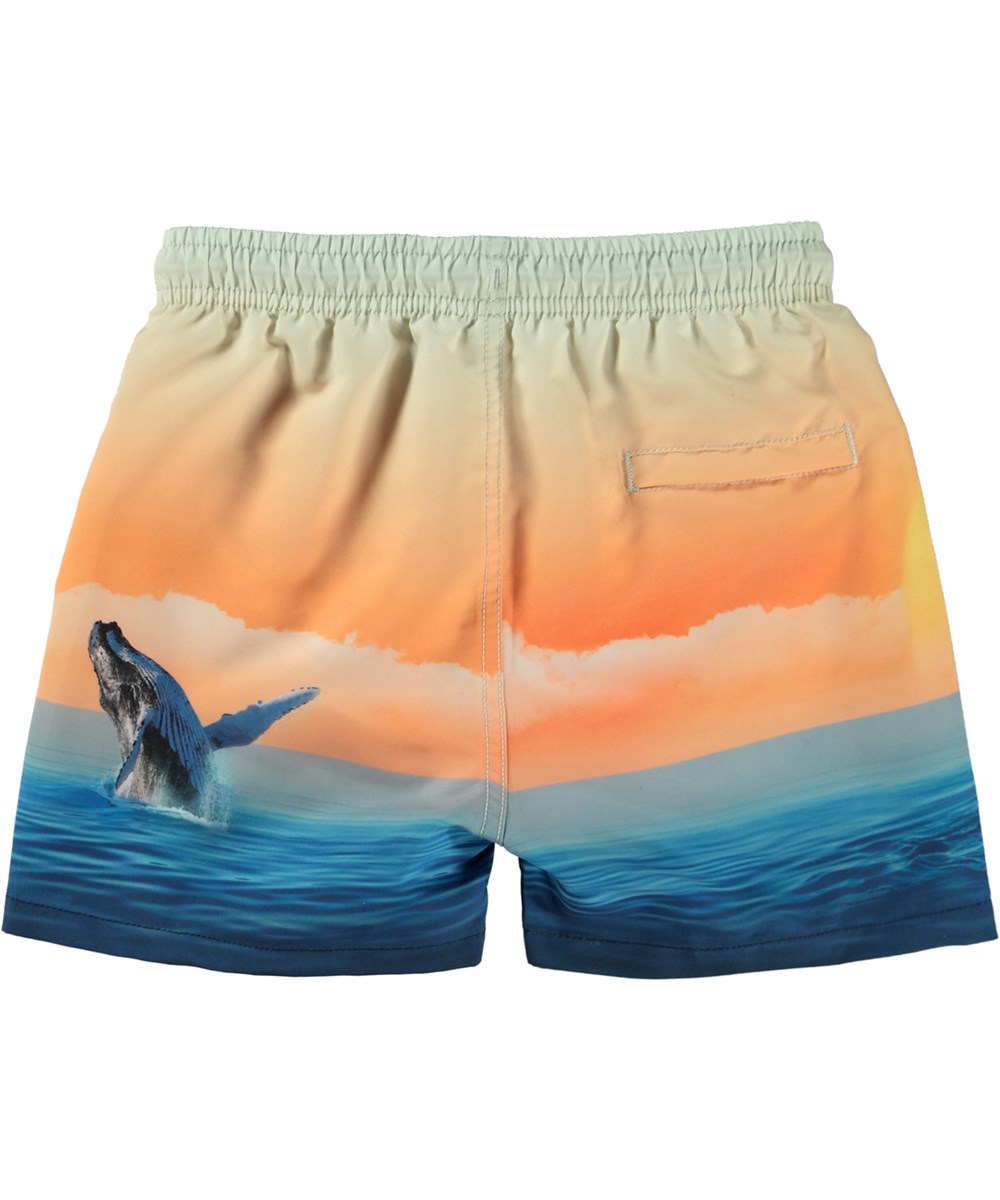 Niko - Ocean Smile - Orange och blå badshorts med korta ben och havsmönster. 