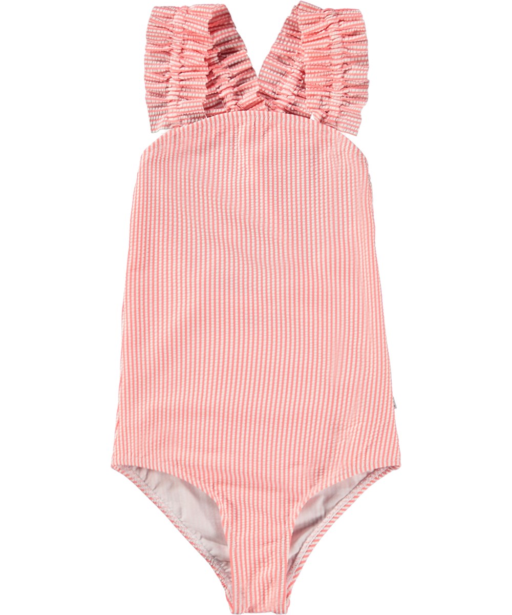 Nitika - Meadow Stripe - Randig baddräkt med bred volang och korsade axelband. 