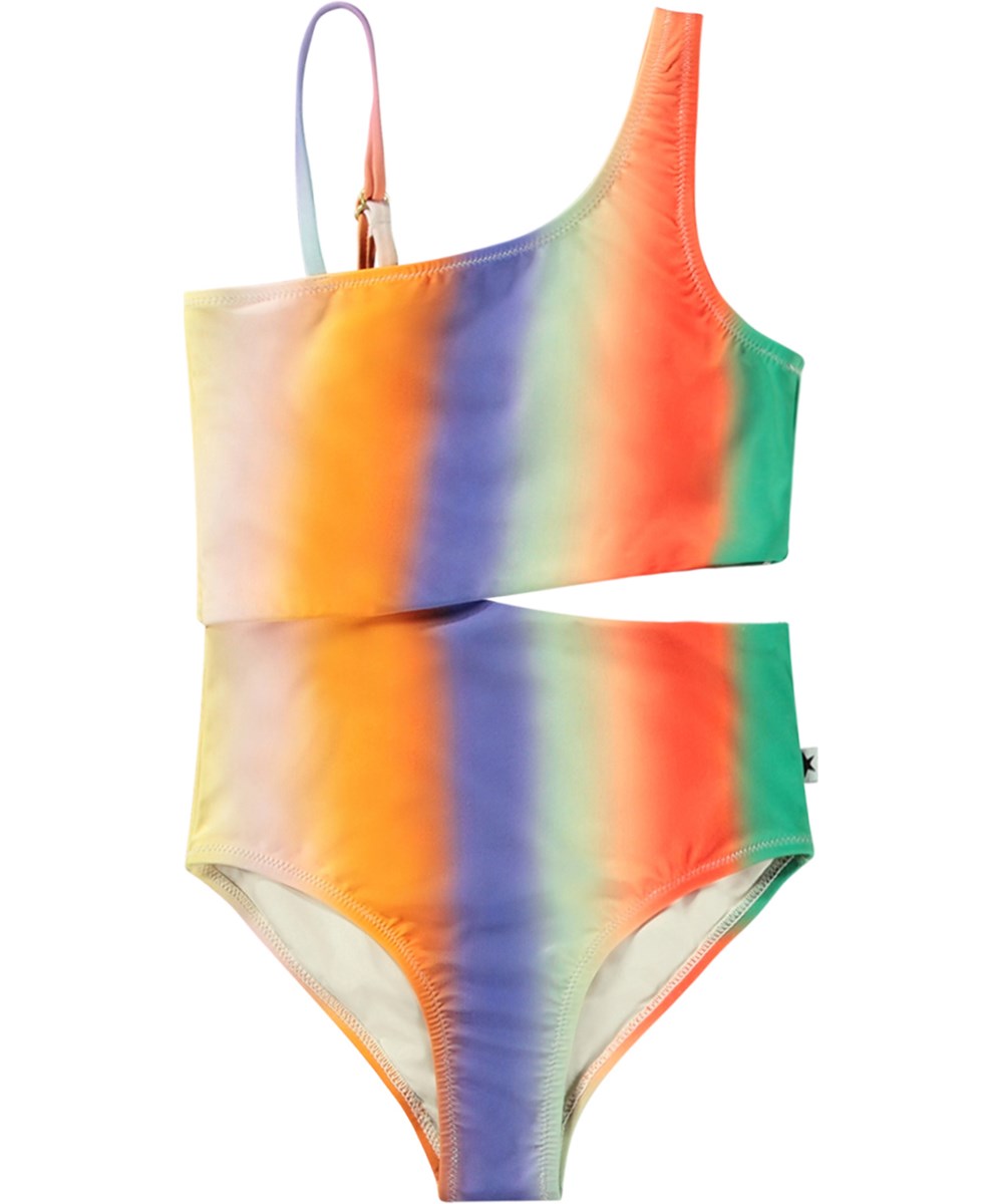 Naan - Summer Rainbow - Regenboogkleurige badpak van gerecycled polyester met UV-bescherming 50+ gemaakt voor actieve kinderen.