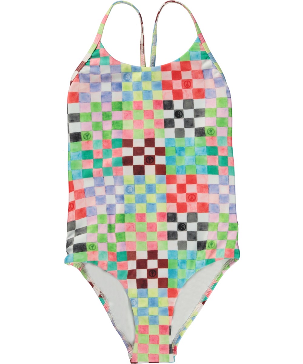 Nanna - Check Petit - Kleurrijke sportieve geblokte bakpak in een aquarelprint