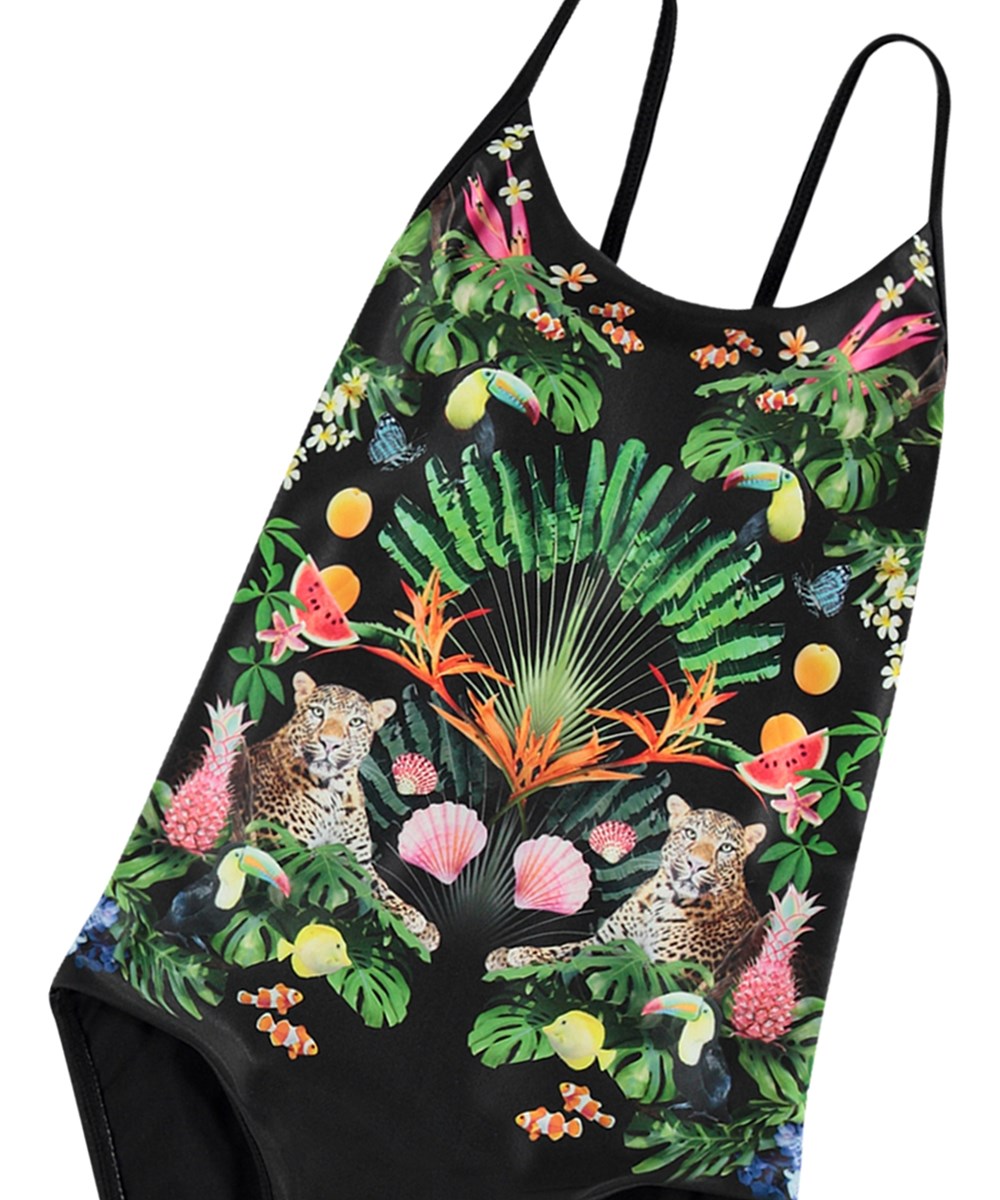 Nanna - Magic World - Zwarte badpak van gerecycled polyester met UV-bescherming 50+ gemaakt voor actieve kinderen.