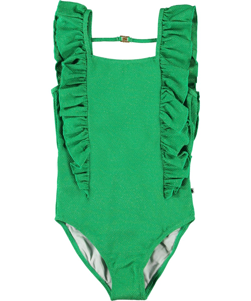 Nathalie - Green Bee - Groene badpak met ruches zijkanten