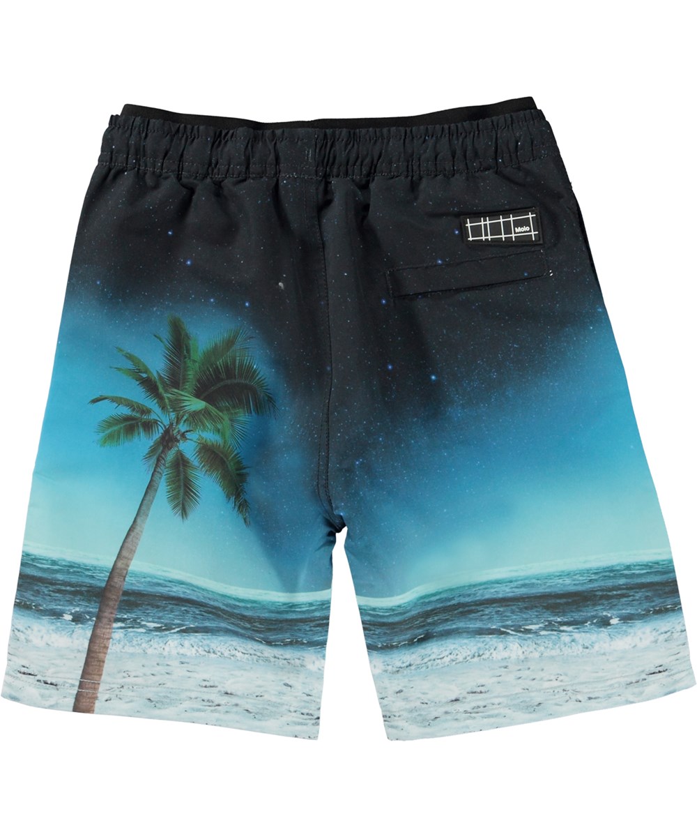 Neal - Sunset Surfer - Blauwe zwemshort met extra lange pijpen en surfplanken print
