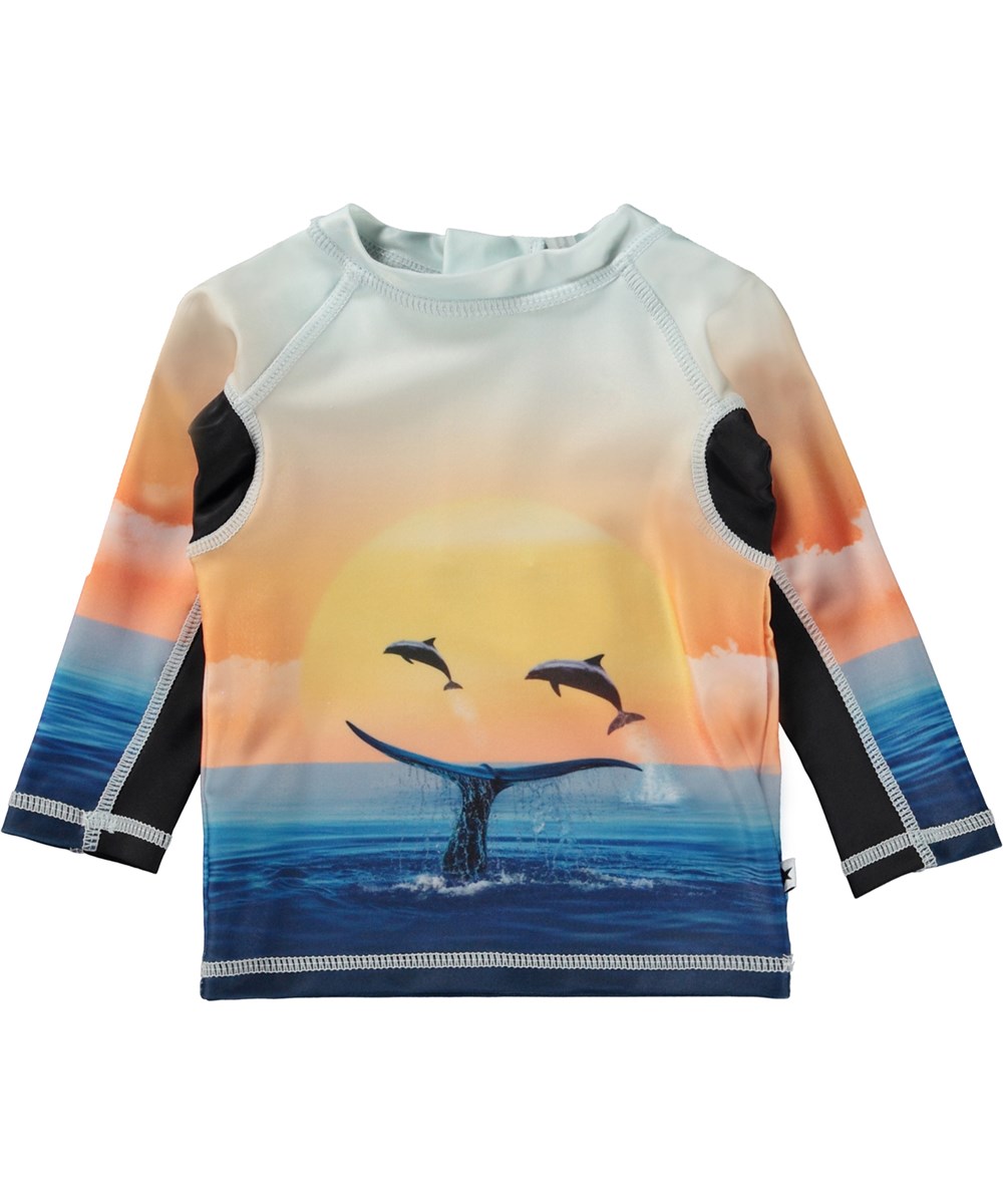 Nemo - Ocean Smile - Blauwe en oranje baby zwemshirt met oceaanprint