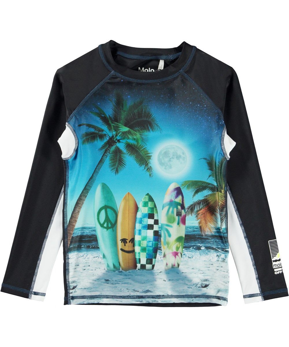 Neptune LS - Sunset Surfer - Zwart zwemshirt met lange mouwen en strandprint