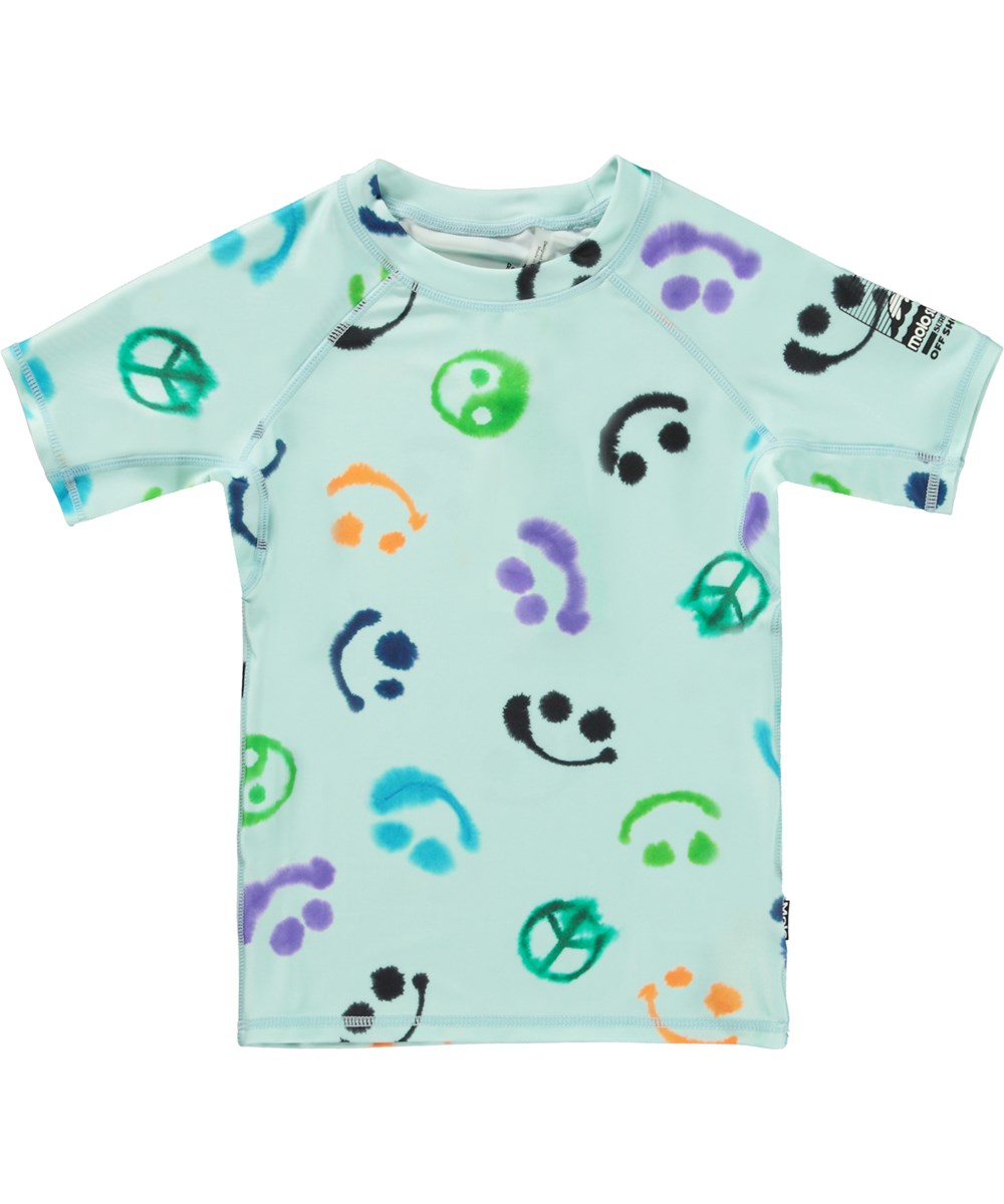 Neptune - Multi Smile - Klassieke lichtblauwe zwemshirt met print van emojis, peace tekens en Yin Yang symbolen