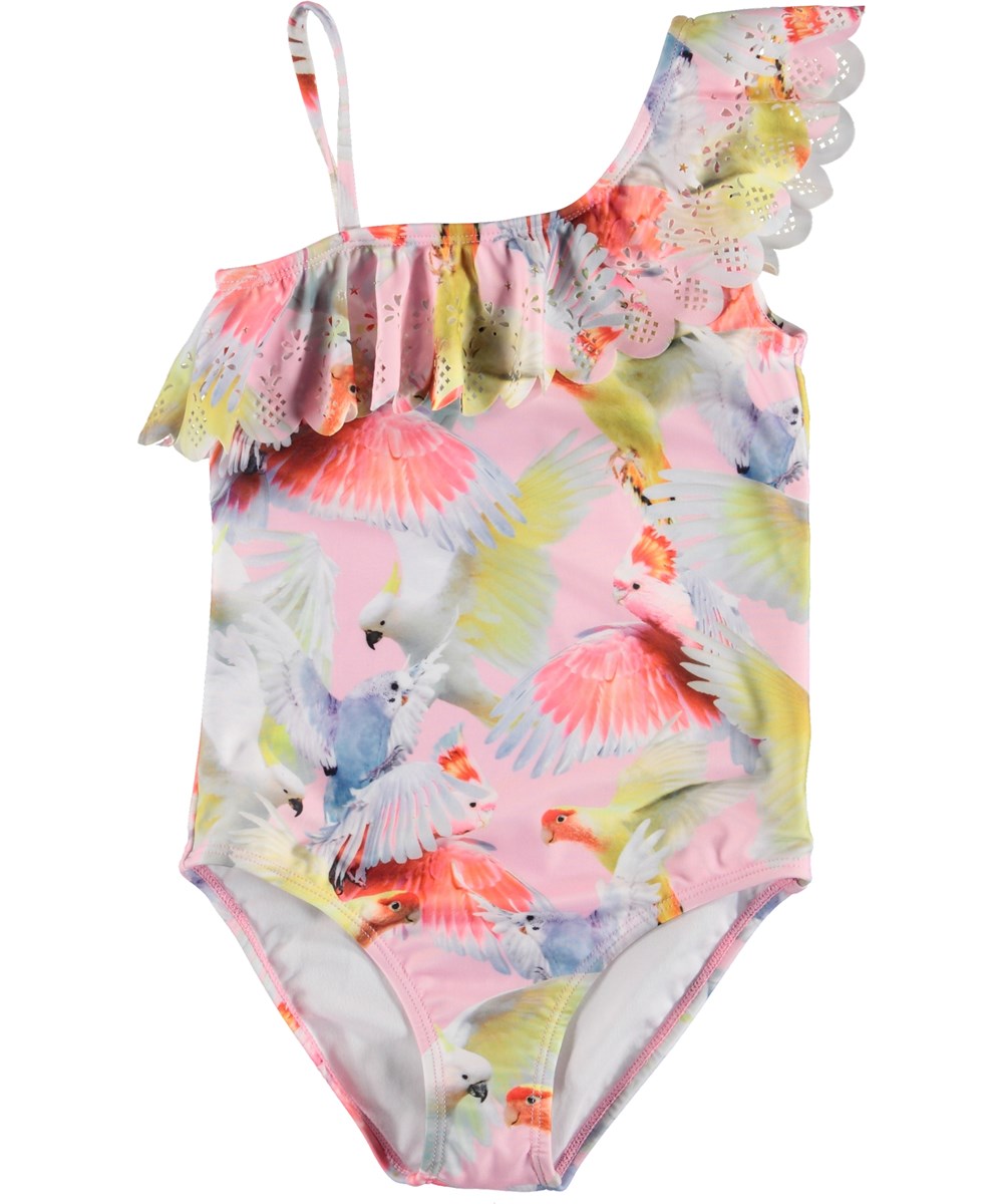 Net - Cockatoos - UV zwempak met papegaaiprint en ruches