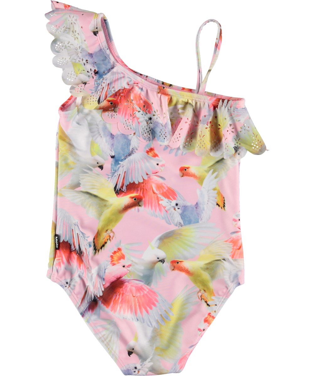 Net - Cockatoos - UV zwempak met papegaaiprint en ruches