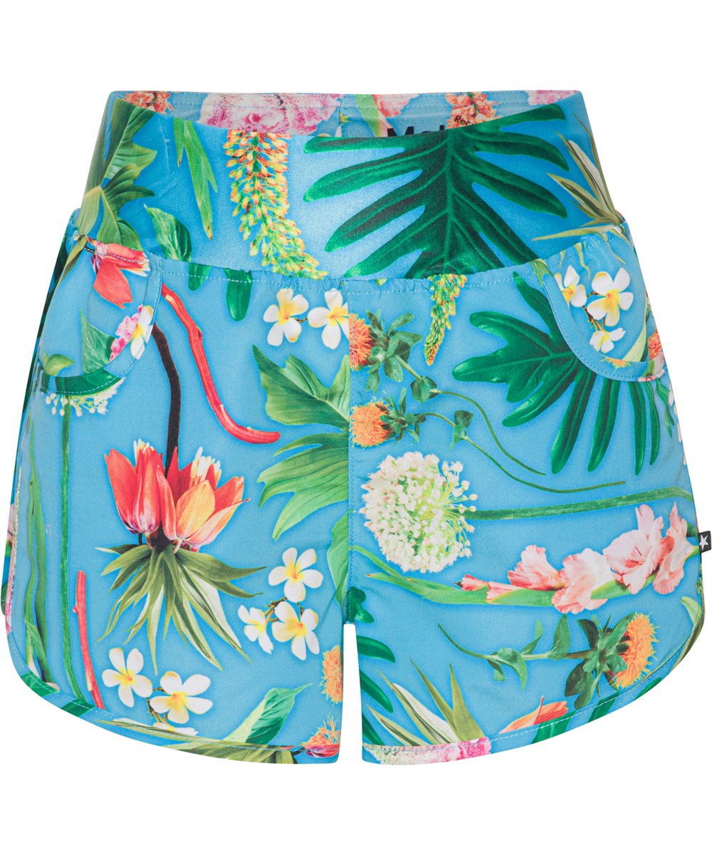 Neva - Flower Puzzle - Blauwe zwemshort met exotische kleurrijke bloemenprint