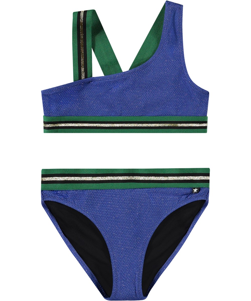 Nicola - Twilight Glit - Asymmetrische sportieve bikini gemaakt voor actieve kinderen van gerecycled polyester met UV-bescherming 50+