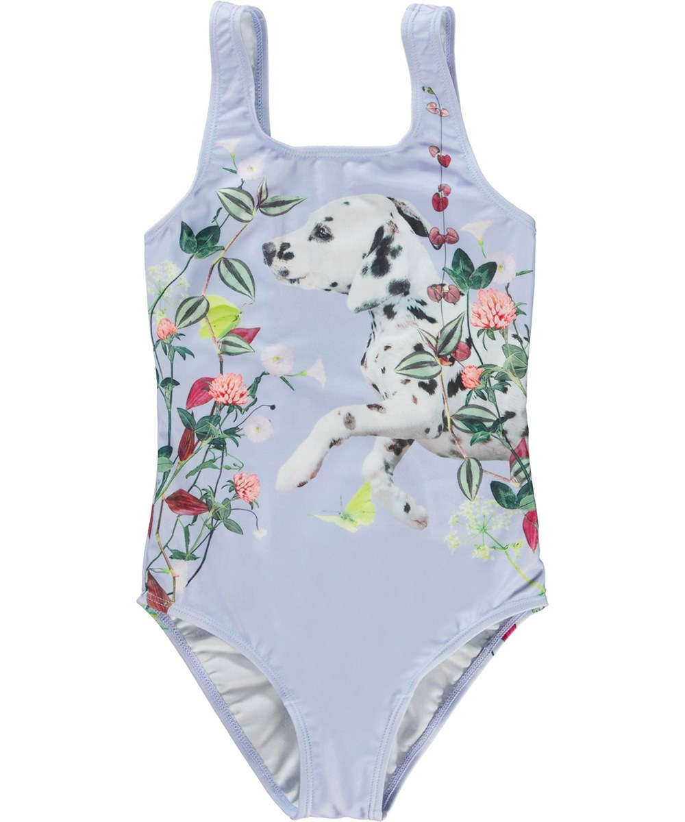 Nika - Dalmatian - Gerecyclede lichtblauwe badpak met een print van een hond en bloemen
