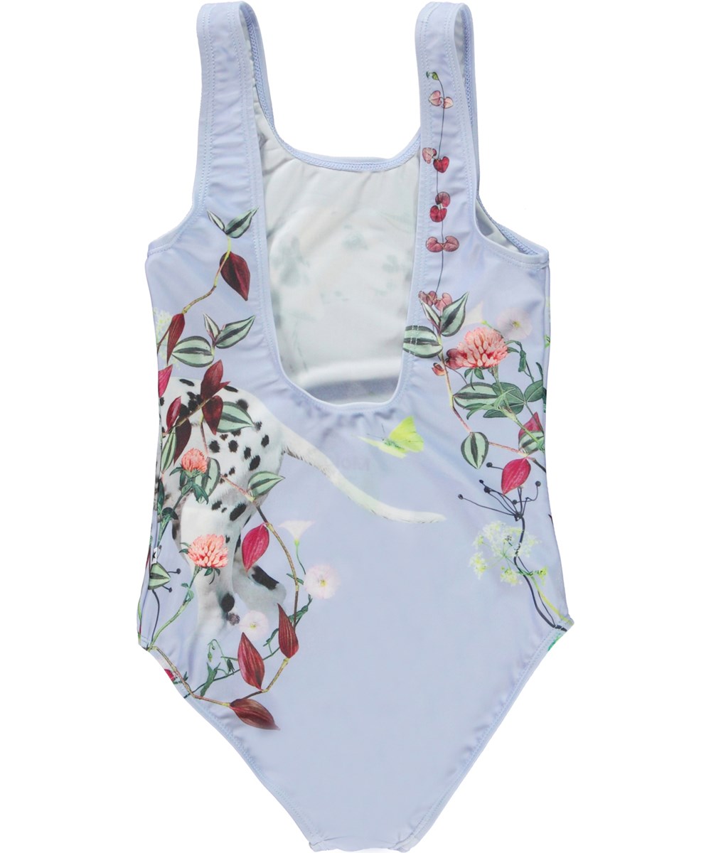 Nika - Dalmatian - Gerecyclede lichtblauwe badpak met een print van een hond en bloemen