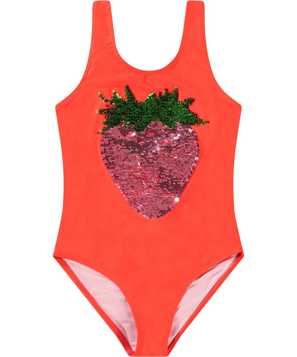 Nika - Glitter Strawberry - Rode badpak van gerecycled polyester met UV-bescherming 50+ gemaakt voor actieve kinderen.